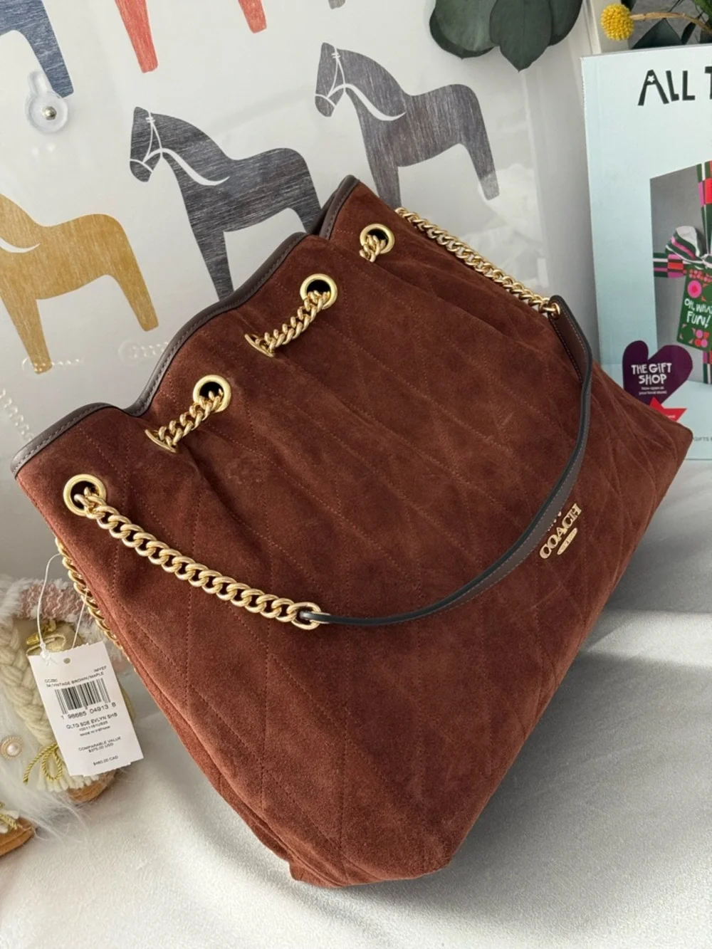 COACH CCZ80 Evelyn Shoulder Bag with Quilting Suede Gold/Vintage Brown/ Mapl WNT - Picture 7 of 13